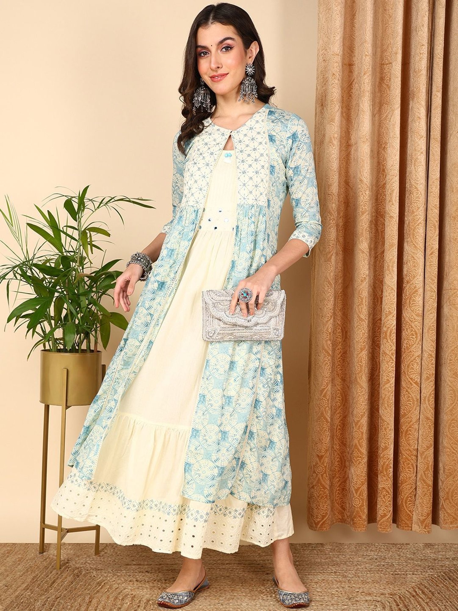 Vaamsi Blue Cotton Printed A-Line Dress With Jacket