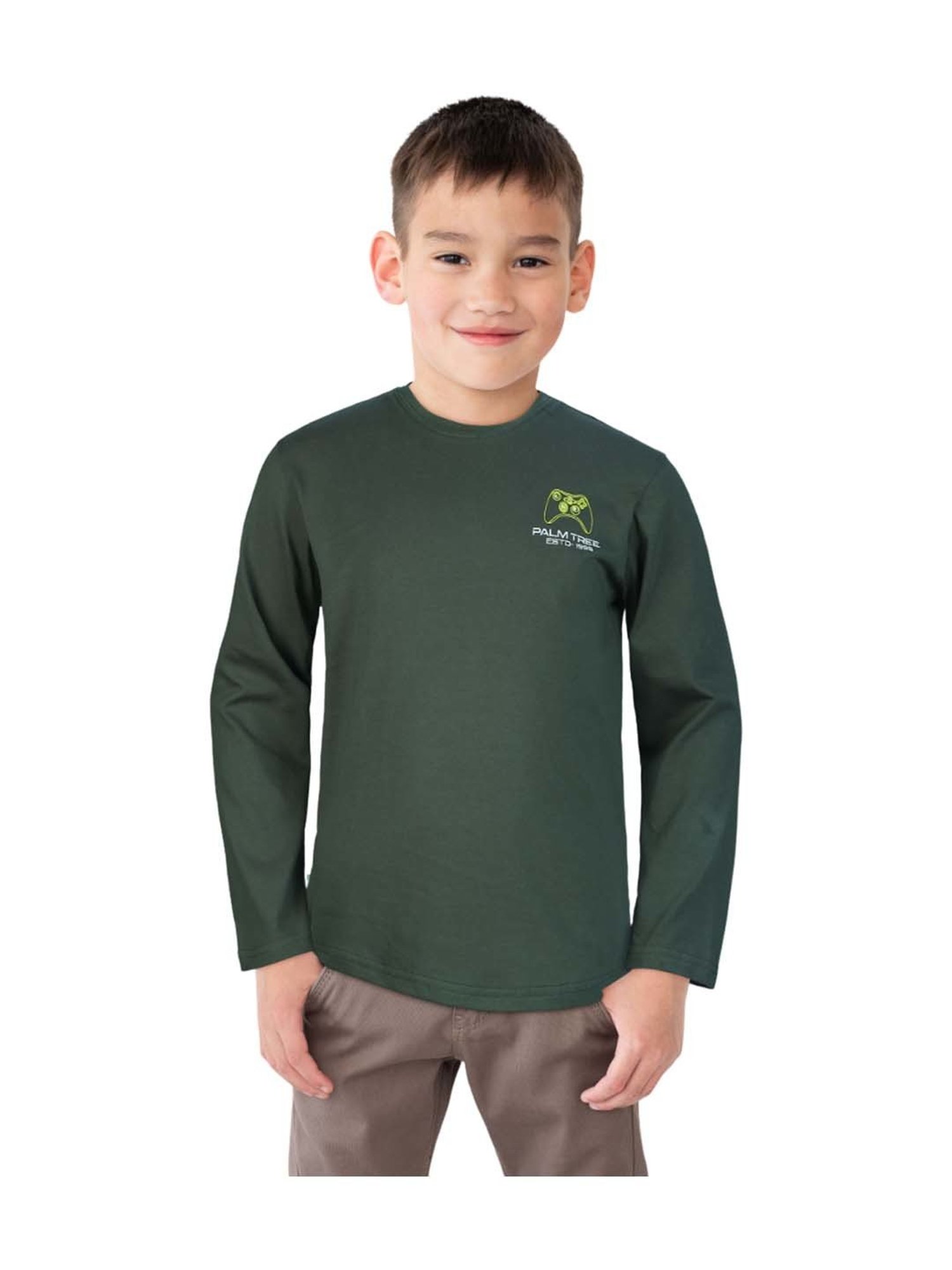 Palm Tree Boys Green Printed Full Sleeves T-Shirts