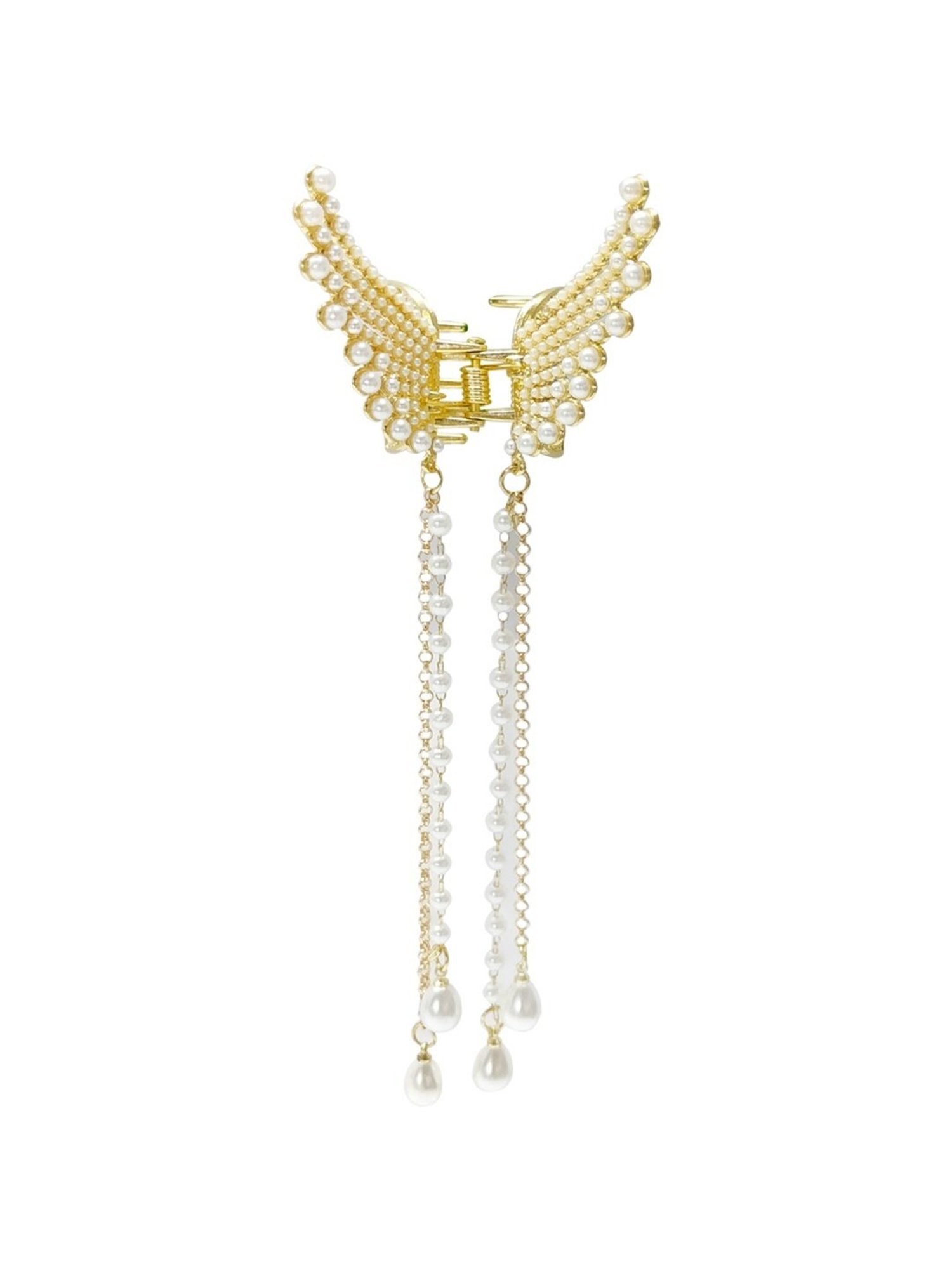 OOMPH White Pearls Angel Wings & Tassel Hair Claw