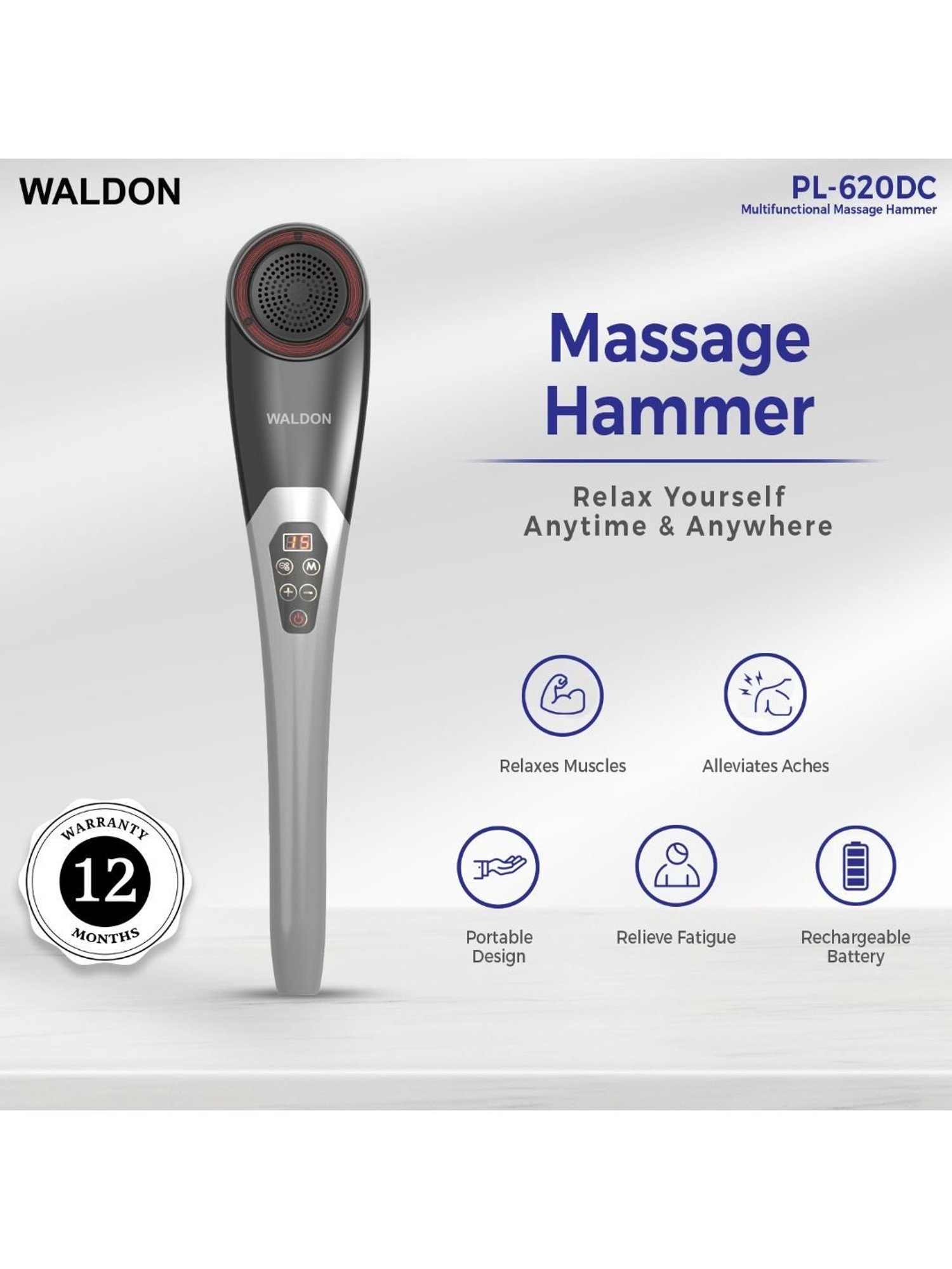 Waldon PL-620DC Wireless Handheld Full Body Hammer Massager with 5 Massage Heads (Black and Grey)