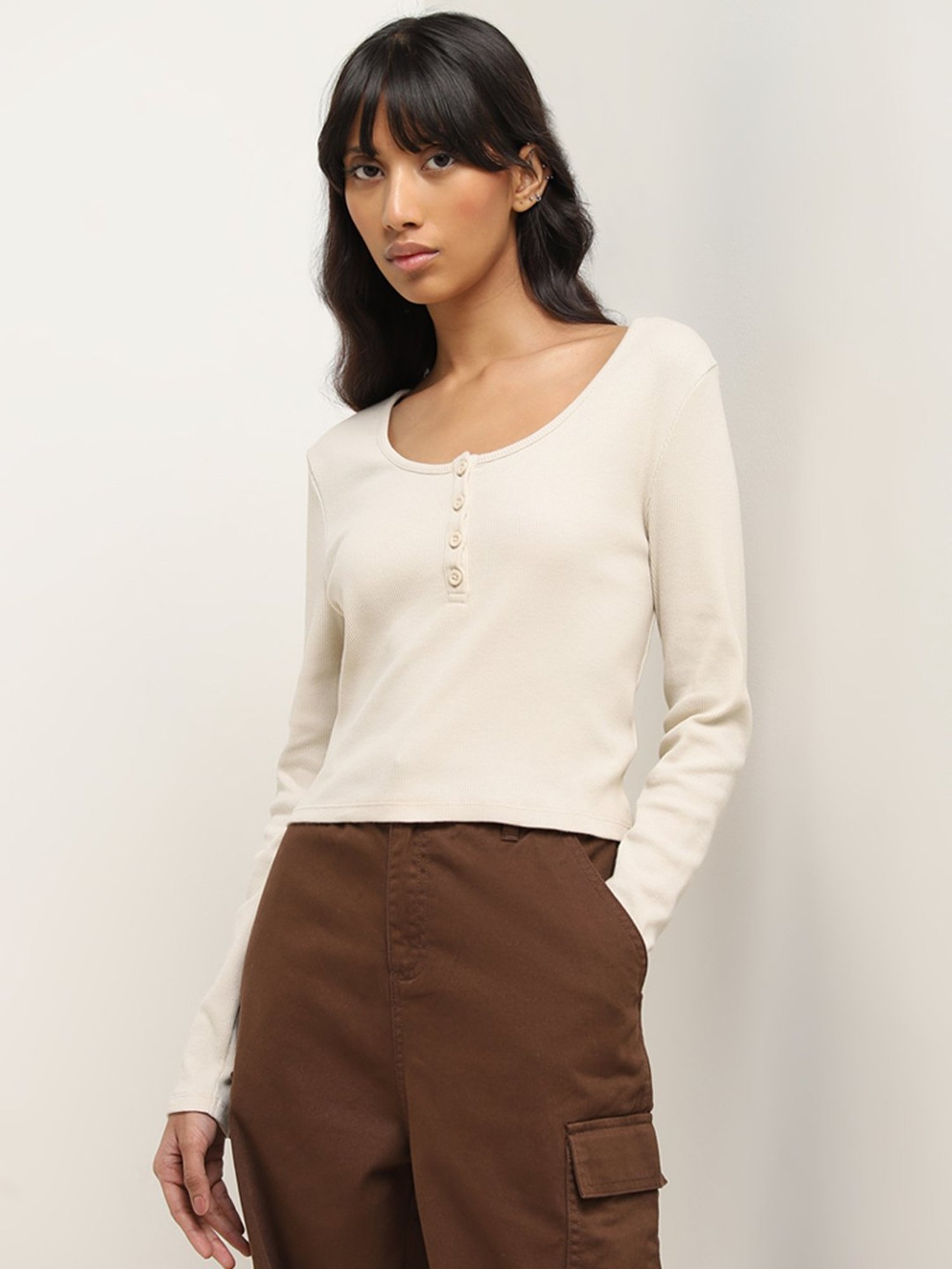 Nuon by Westside Beige Ribbed-Textured Cotton Blend Top