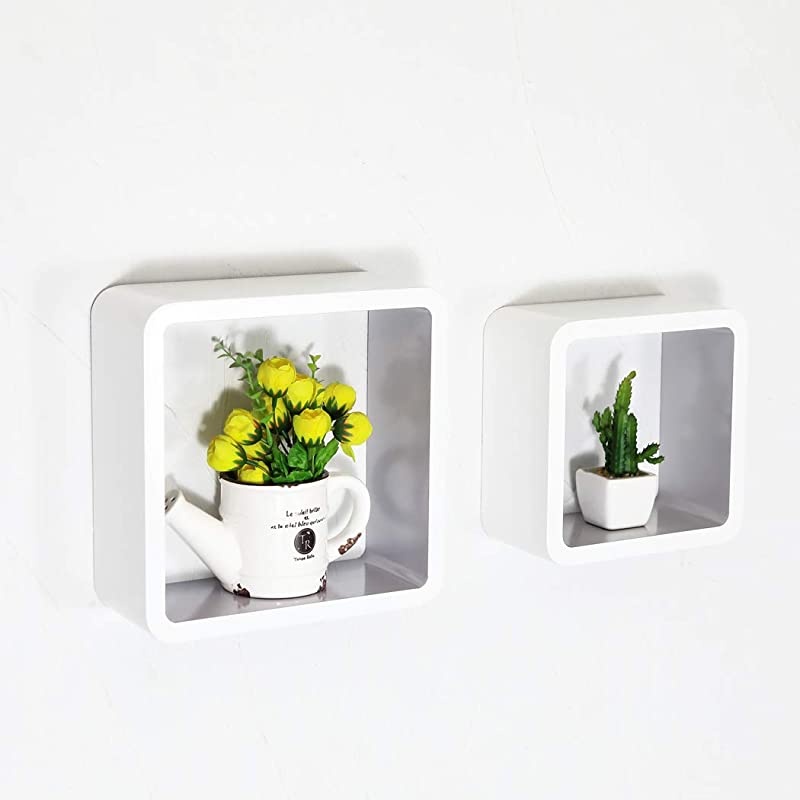 Set of 2 Cube Floating Shelves Wood Wall Shelves for Home Decoration Storage Display Rack White+Gray