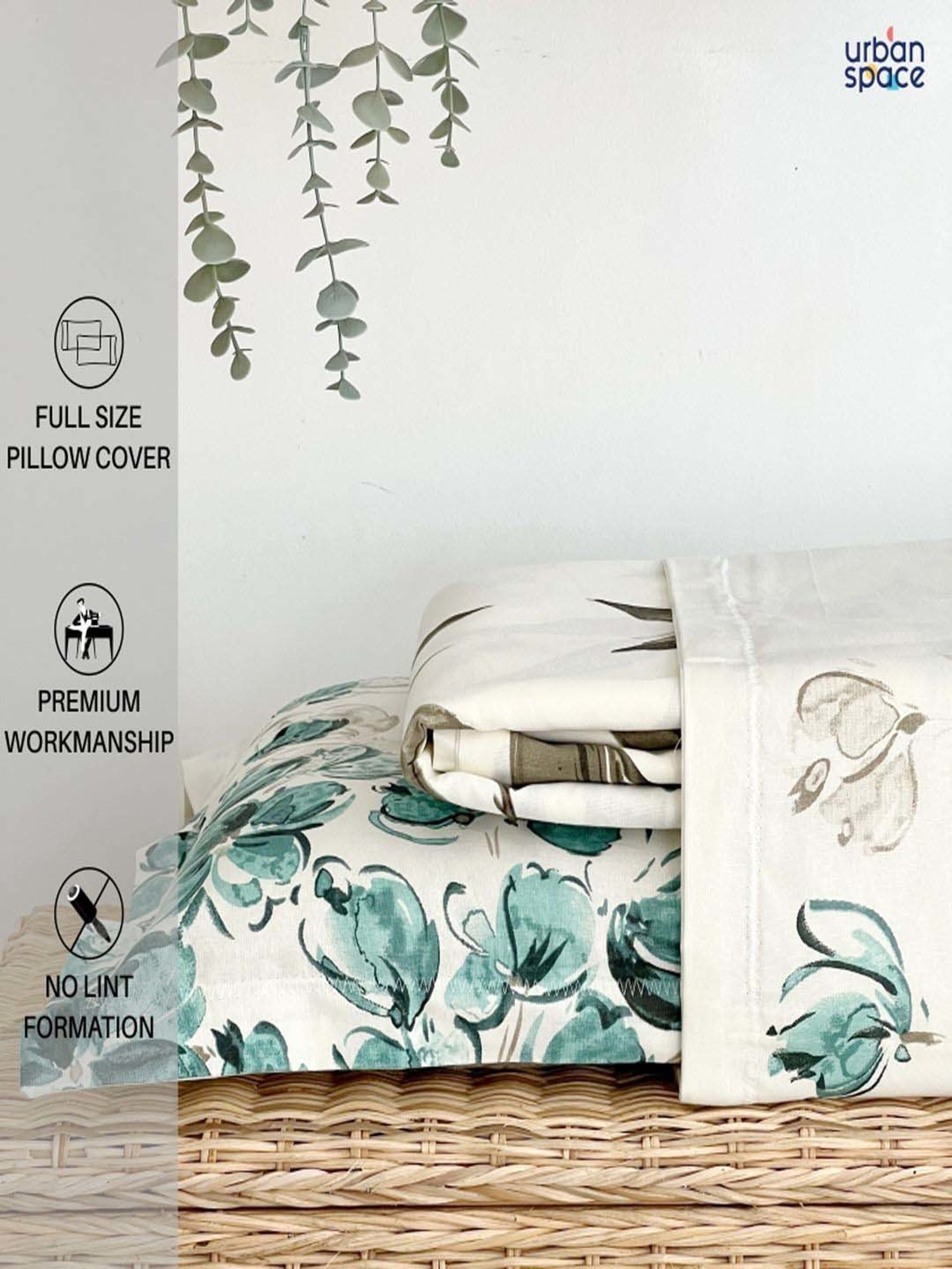 Urban Space Teal Green And White Cotton 200 TC Double Bedsheet with 2 Pillow Covers