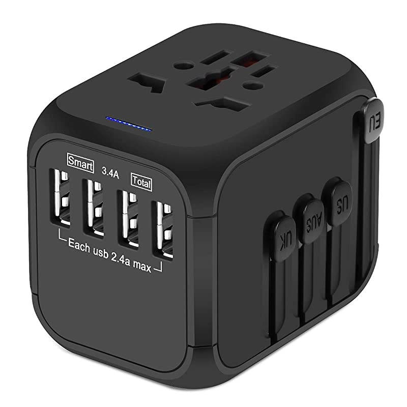 Upgraded Universal Travel Adapter,  All-in-one Worldwide Travel Charger Travel Socket, International Power Adapter with 4 USB Ports, AC Plug for Over 150 Countries, Travel Accessories, Black
