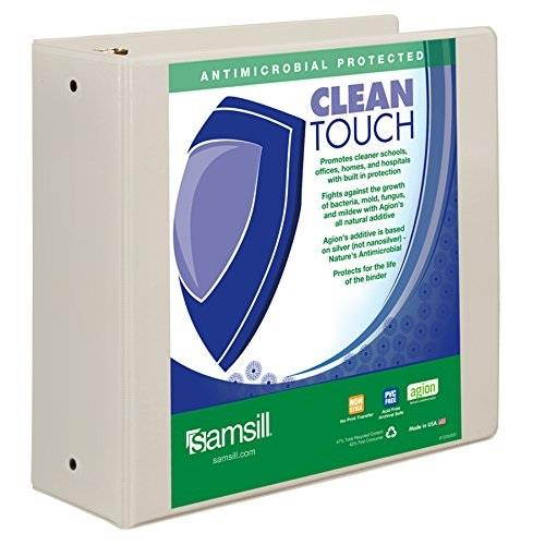 Samsill Clean Touch Round Ring View Binder with Antimicrobial Protection, 4", White