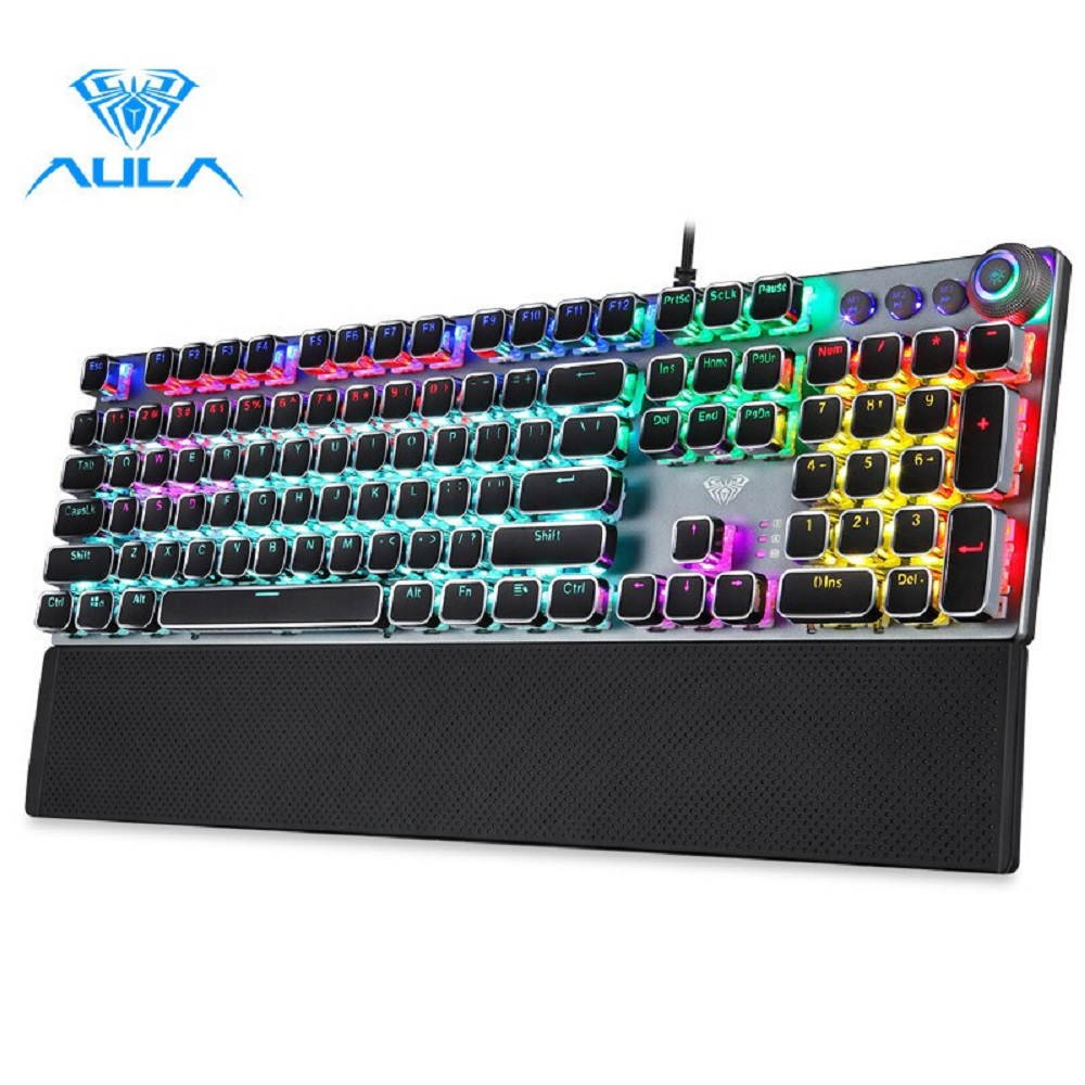AULA F2088 True Mechanical Gaming Wired Keyboard wrist rest Multimedia Knob, Marco Programming metal panel LED Backlit keyboard