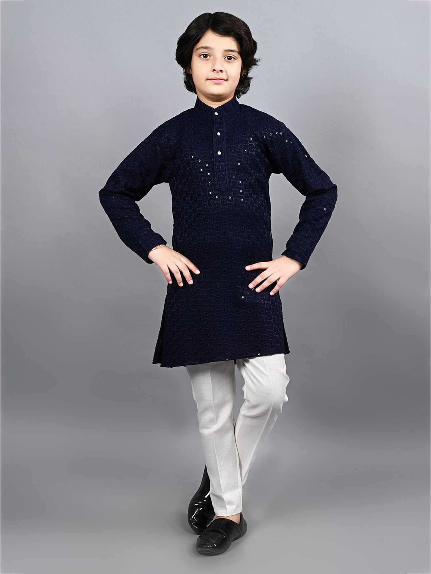 Ahhaaaa Kids Navy & White Embellished Full Sleeves Kurta With Pyjamas