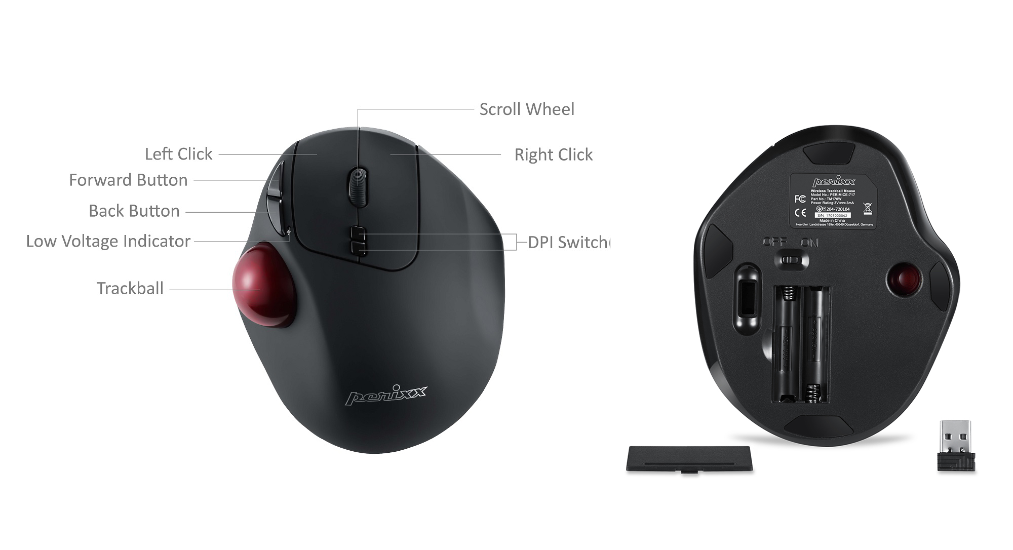 Perixx PERIMICE-517 Wired Ergonomic Mouse Trackball Mouse, 7 Button Rollerball Mouse, 2 DPI Level