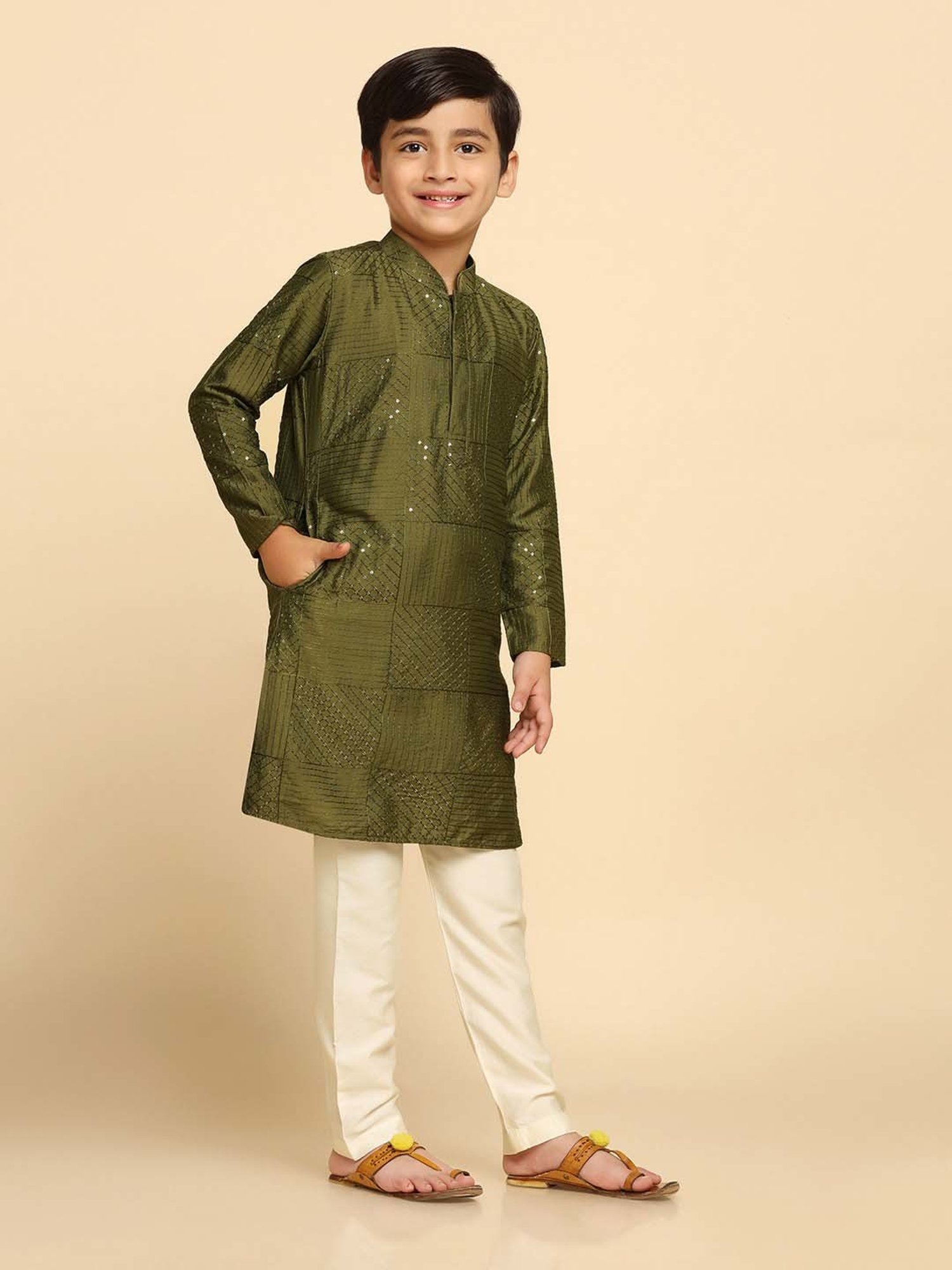 KISAH Kids Olive & White Cotton Embroidered Full Sleeves Kurta Set