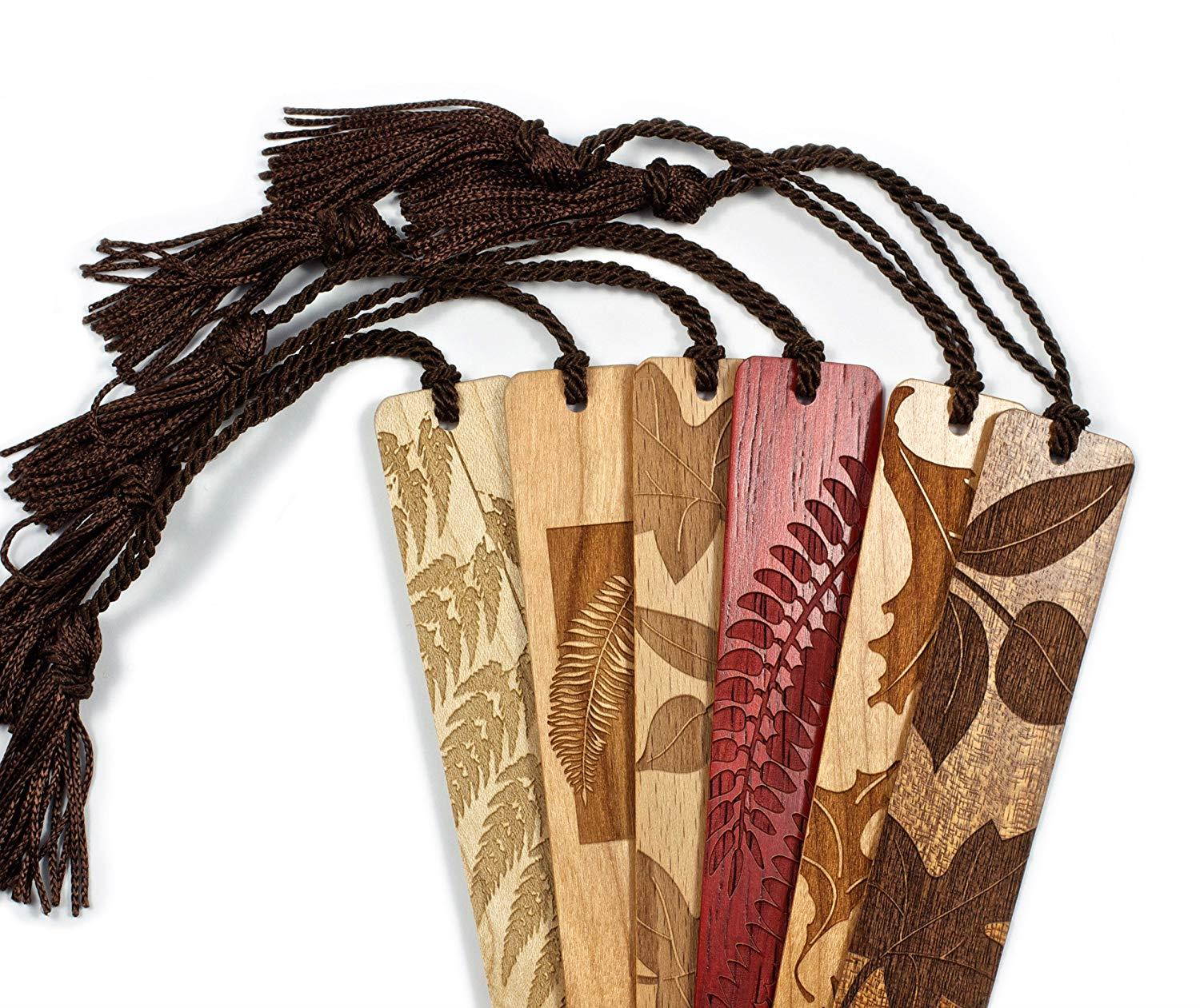6 Pack of Leaves and Ferns- Engraved Wooden Bookmarks with Tassels