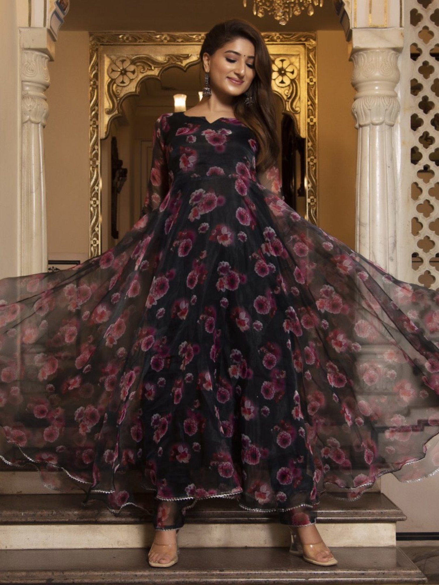 Calmna Black and Pink Floral Organza Anarkali Suit Set