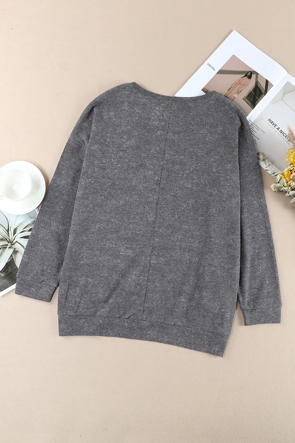 Grey Drop Shoulder Side Slit Pullover Long Sleeve Top