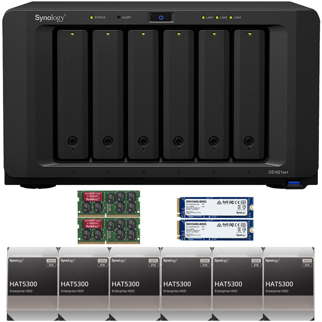 Synology DS1621xs+ DiskStation with 8GB RAM, 1.6B (2x800GB) Cache and 96TB (6 x 16TB) of Synology Enterprise HAT5300 Drives Fully Assembled and Tested By CustomTechSales