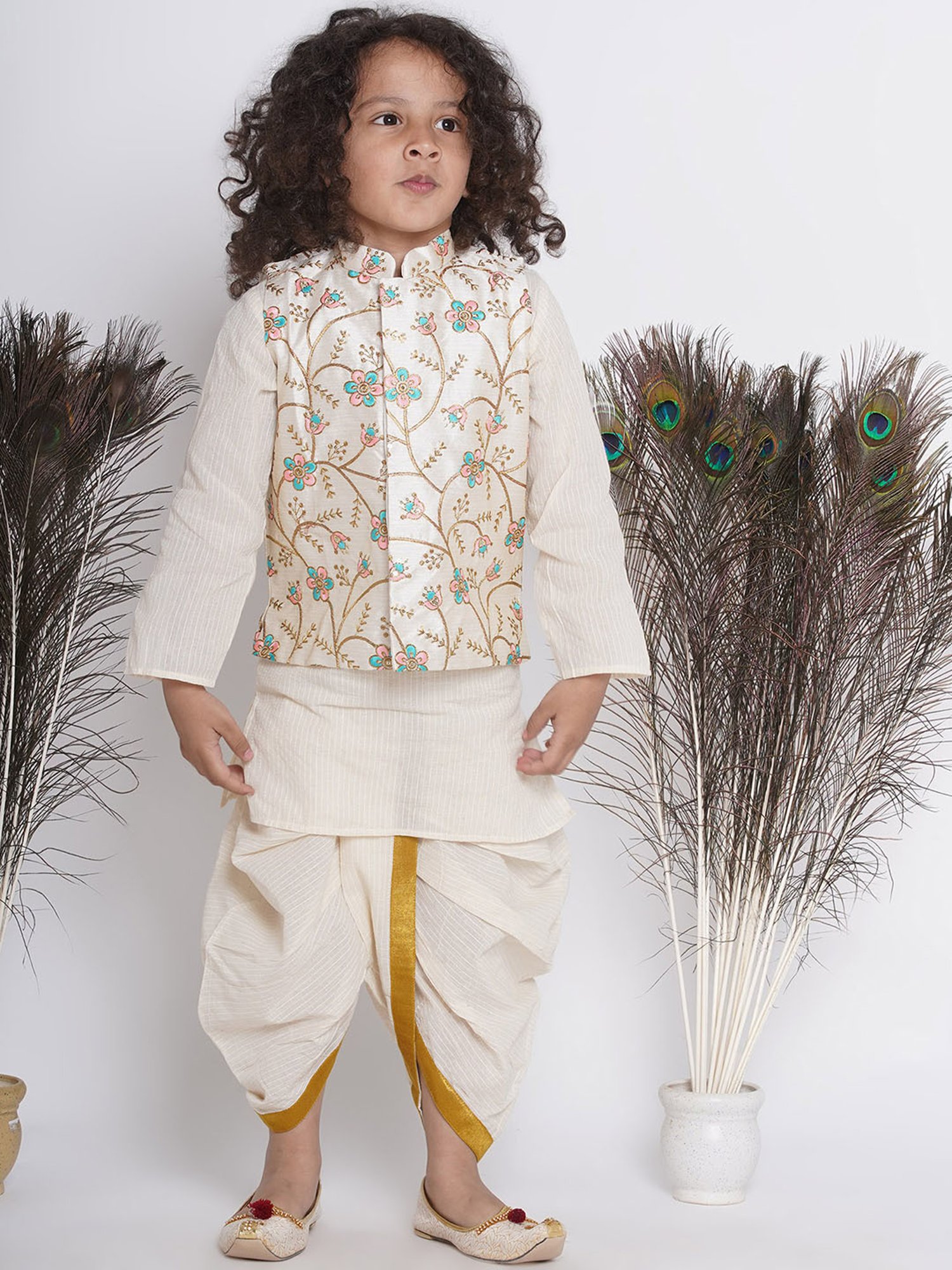 Little Bansi Kids Cream Embroidered Full Sleeves Kurta , Jacket with Dhoti