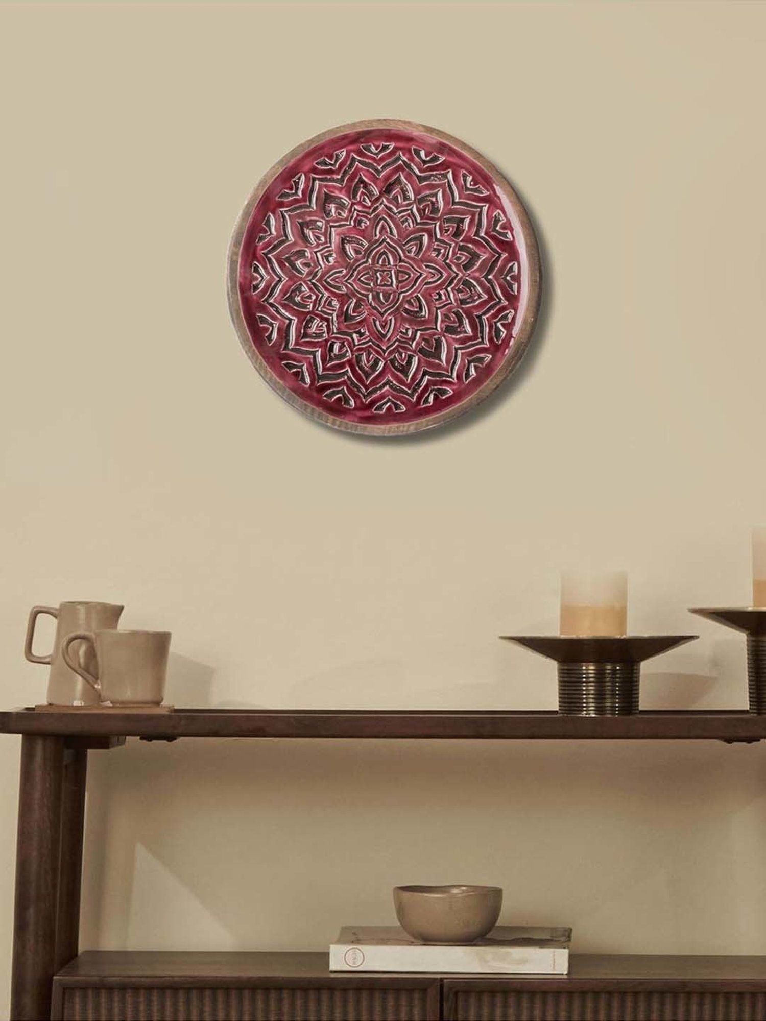 Fabindia Home Gulmohar Maroon Wood Hand Carved Wall Plate