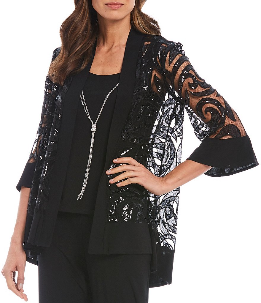 R & M Richards Swirl Sequin Jacket 2-Piece Pant Set
