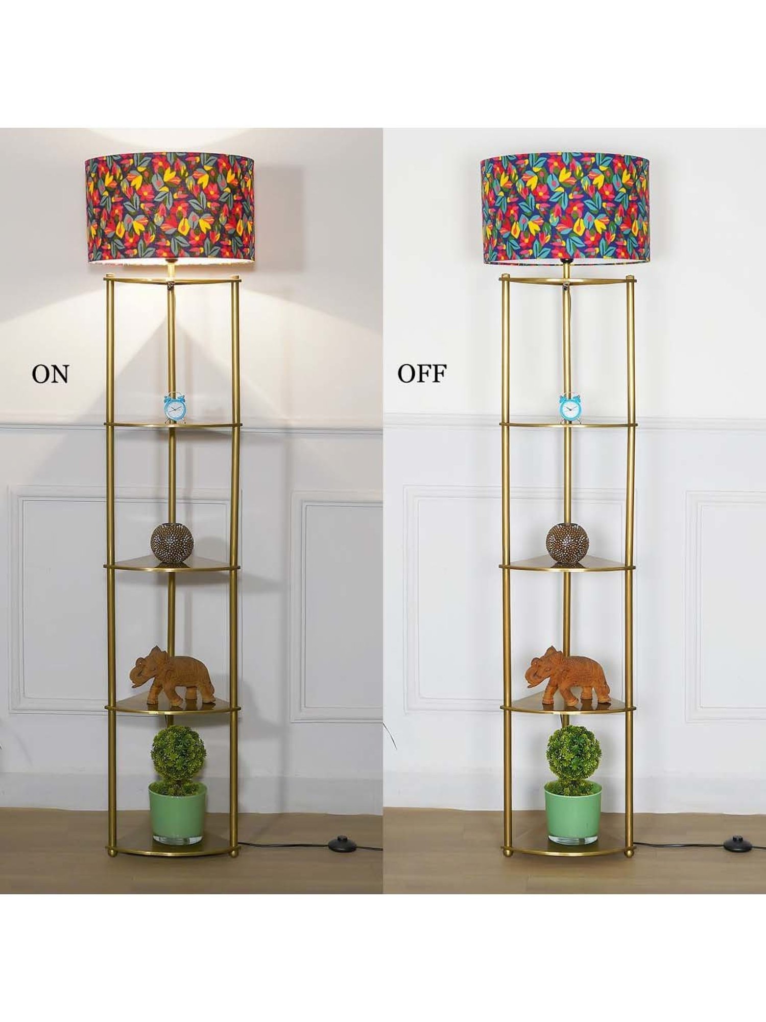 Kapoor E Illuminations Devan Antique Brass Metal Multiutility Shelf Floor Lamp