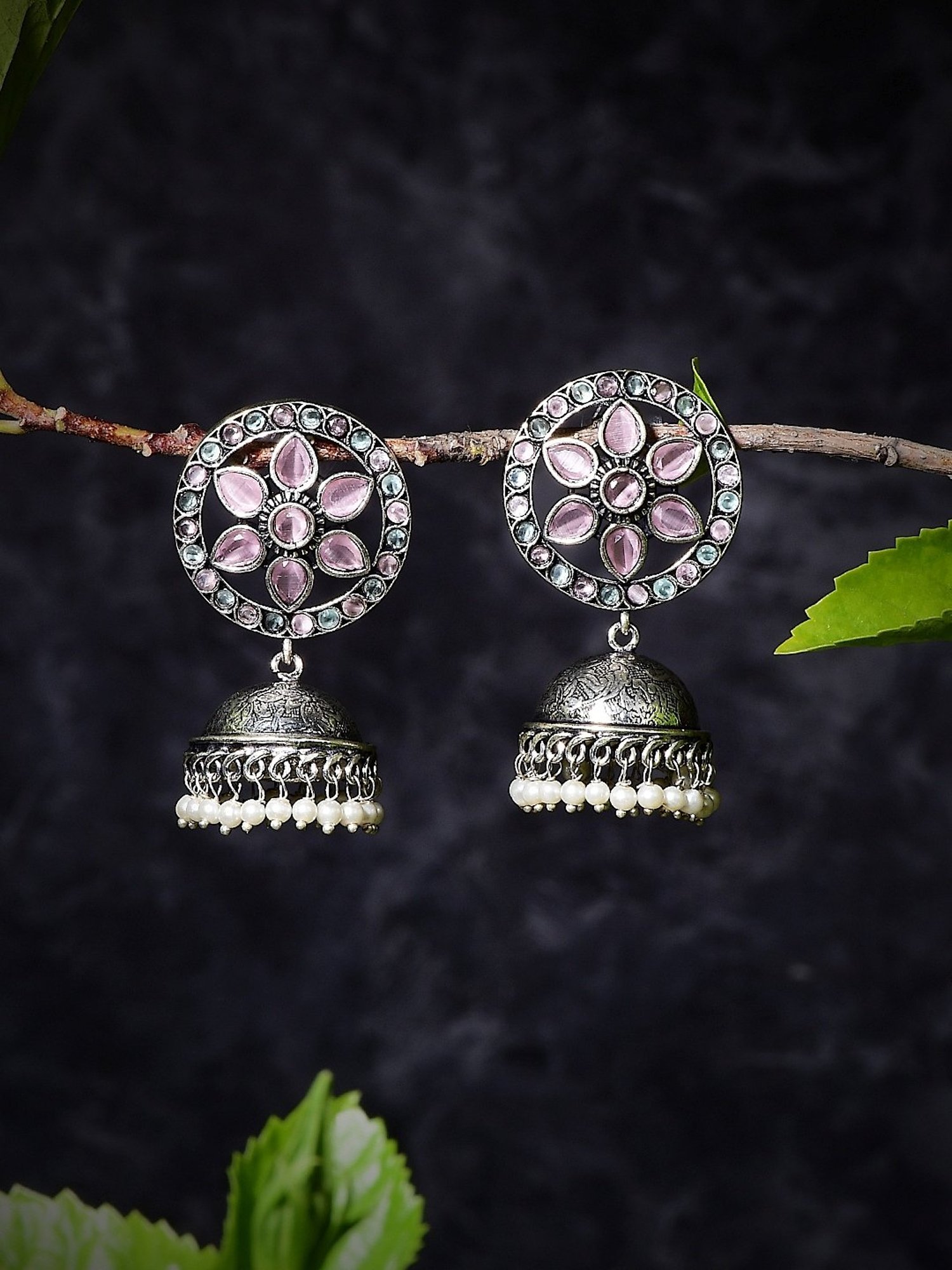 Imli Street Pink-Green Silver Tone Stone-Studded Handcrafted Jhumki Earrings