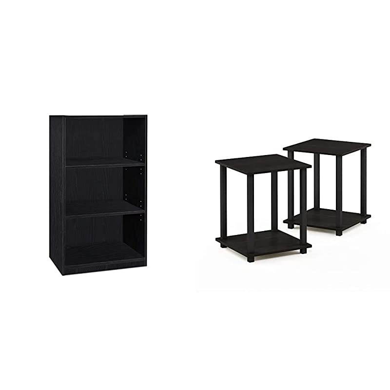 Jaya Simple Home 3-Tier Adjustable Shelf Bookcase, Black & Simplistic End Table, Espresso/Black