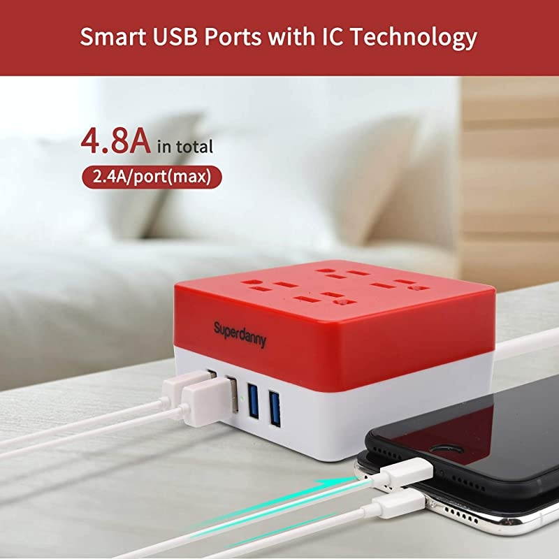 USB Power Strip Surge Protector -  Mountable Charging Station with 4 Widely Spaced AC Outlets & 4 Smart USB Ports, 5ft Desktop Extension Cord for Home, Office, Hotel, Dorm Room, RV, Red