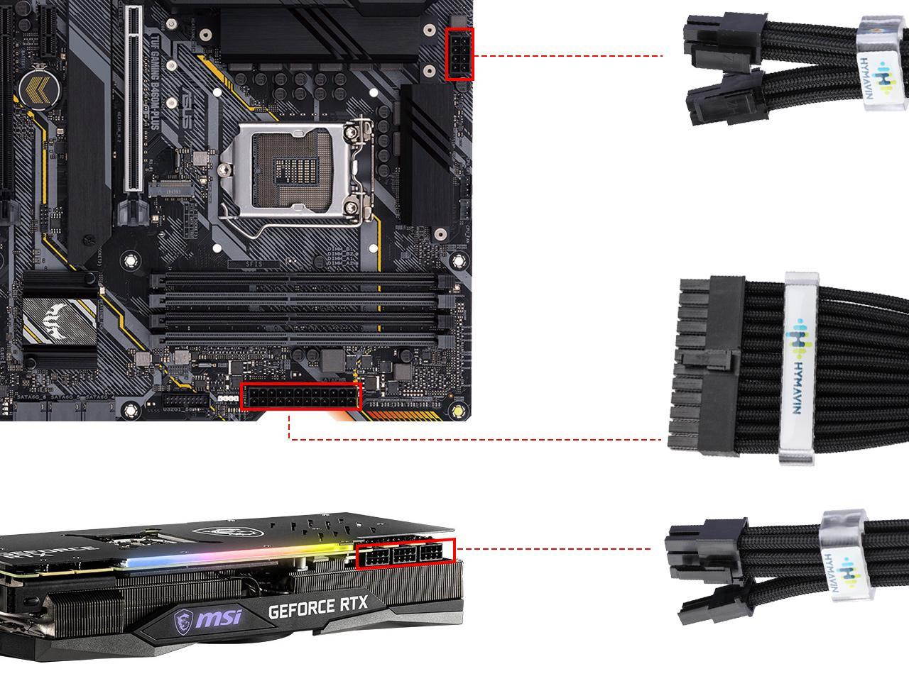 PSU Extension cable,HYMAVIN PSU Sleeved Cable, 16AWG Braided ATX EPS PCI-E Extension Cable Kit with Combs for CPU GPU Power Supply Unit 30CM,3*(6 + 2) pin, 2*(4 + 4) pin, 24 pin ATX extension,Black