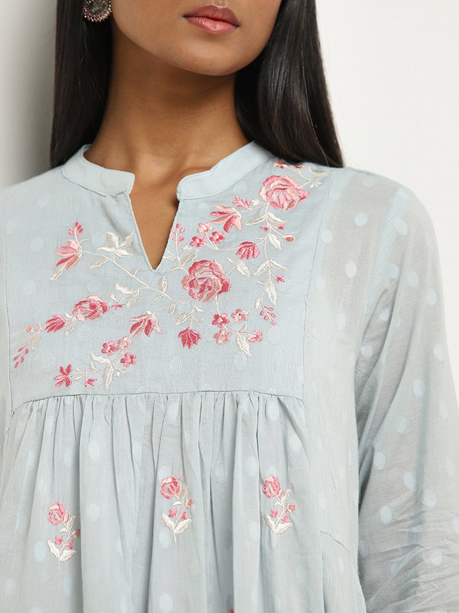 Utsa by Westside Light Blue Floral Embroidered A-Line Cotton Kurta