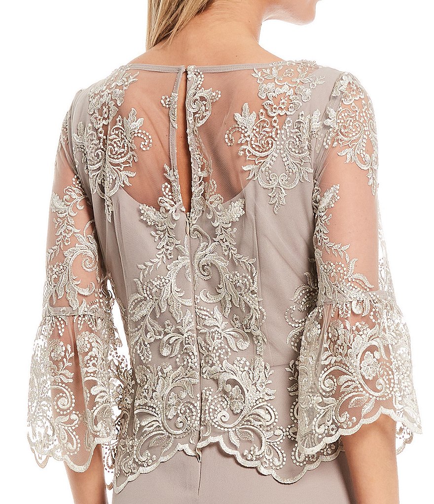 Le Bos A-Line 3/4 Bell Sleeve Lace Popover Cascade Long Gown