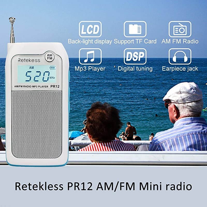 PR12 Portable Pocket Radio AM FM, Small Personal Radio, Digital AM FM Radio with Headphone Socket and Clear Display for Walking (White)