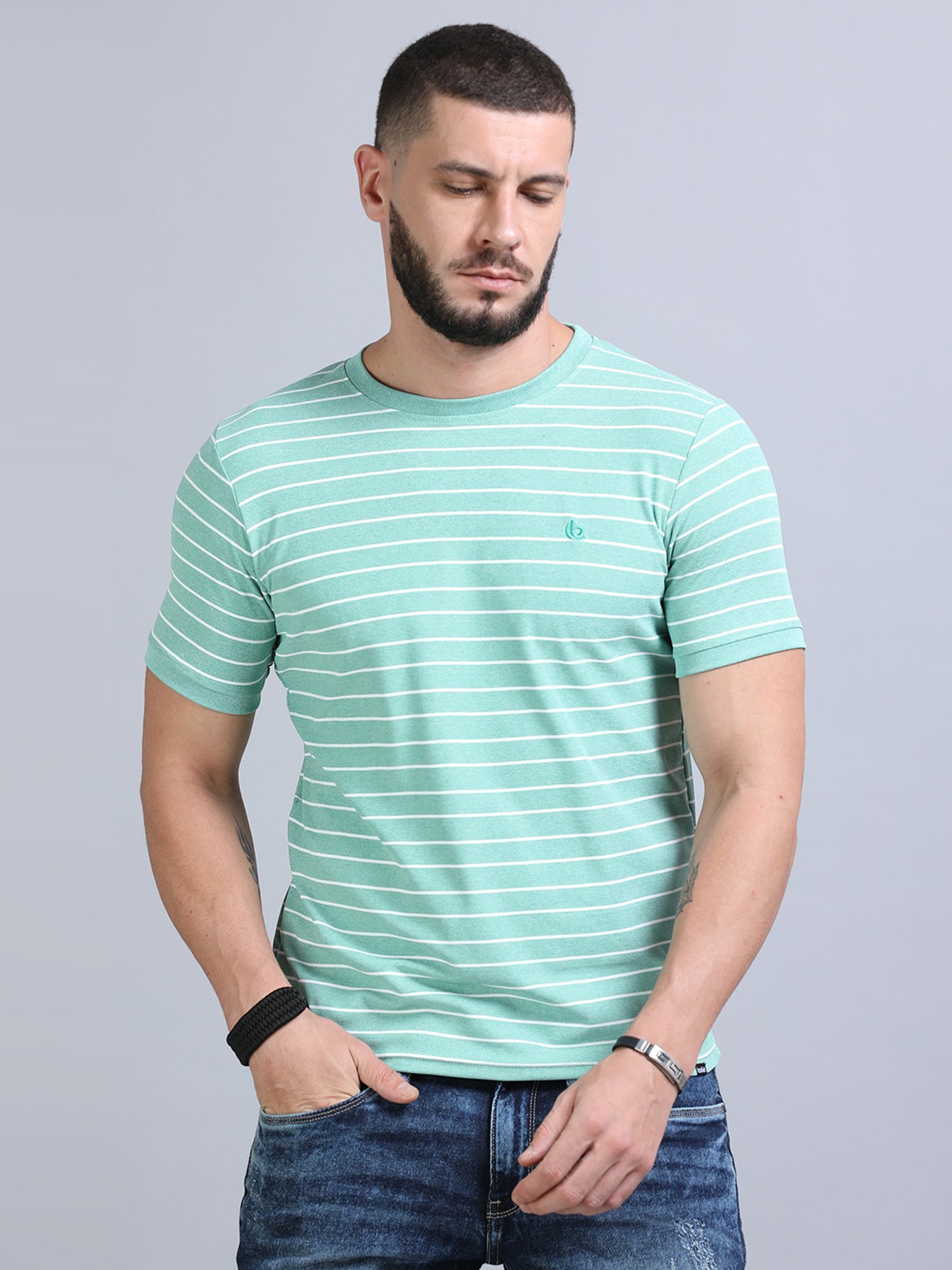 Bushirt Mint Green Regular Fit Striped Crew T-Shirt