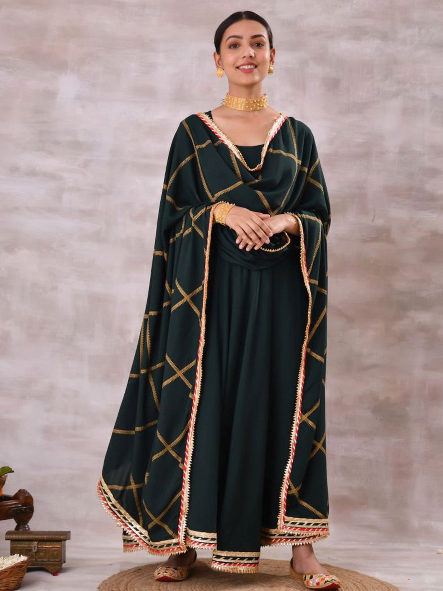 Rustorange Emerald Green Printed Kurta Dress with Dupatta