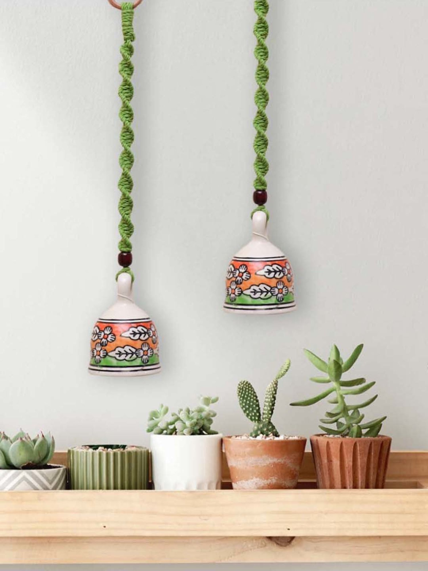 Gathari Green Ceramic Wall Hanging Macrame Bells - Set of 2