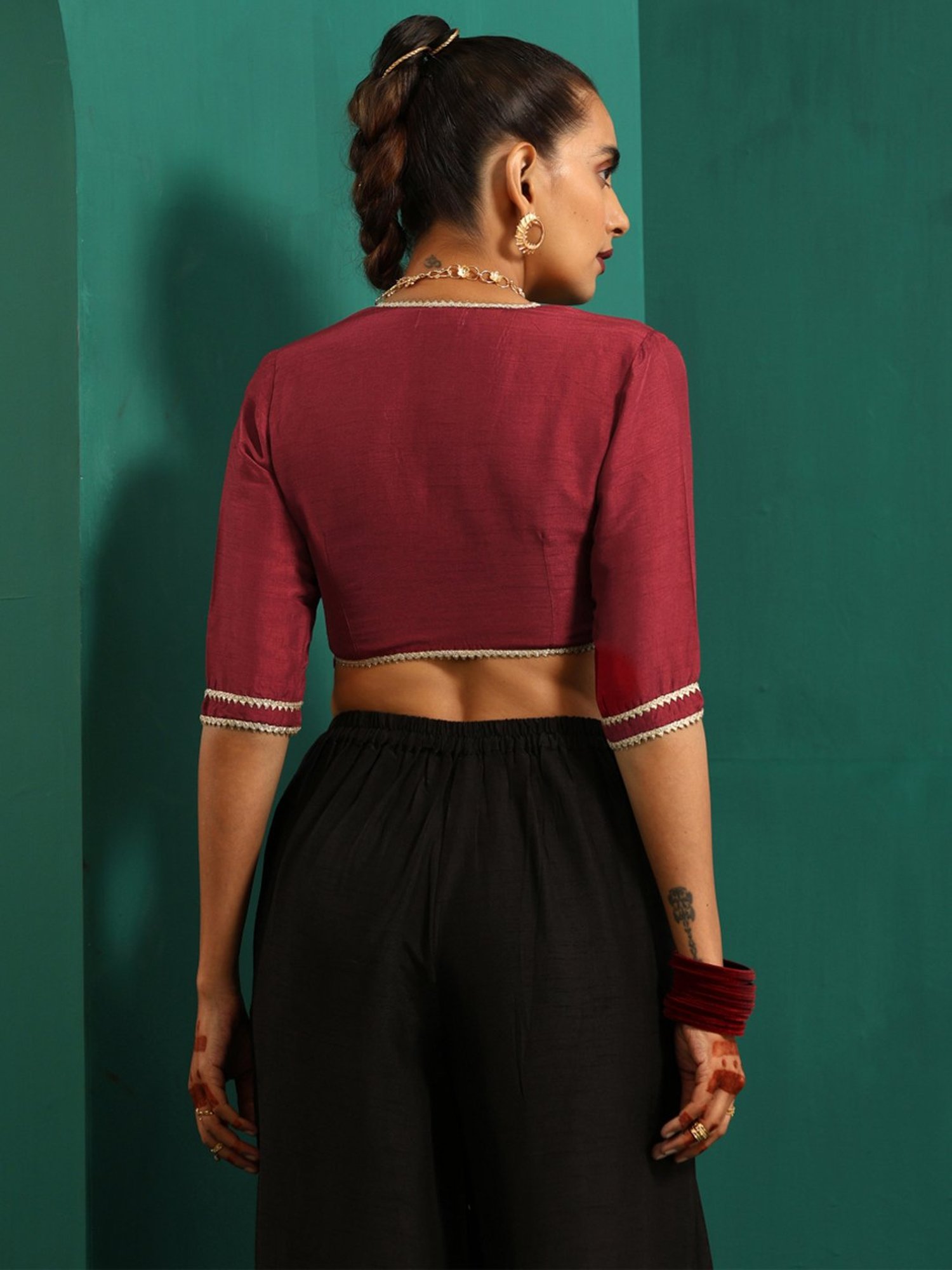 trueBrowns Maroon Silk Gota Blouse