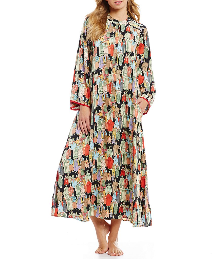Natori Bloom Printed Satin Woven Zip Front Caftan