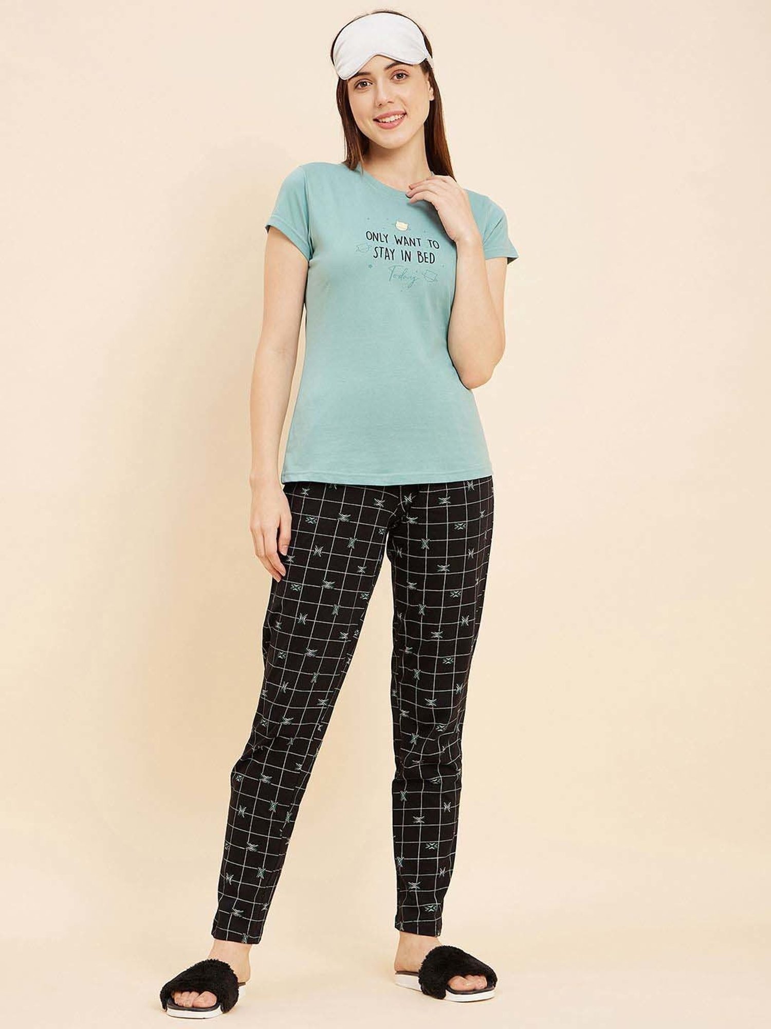 Sweet Dreams Marine Green & Black Cotton Printed T-Shirt Pyjama Set