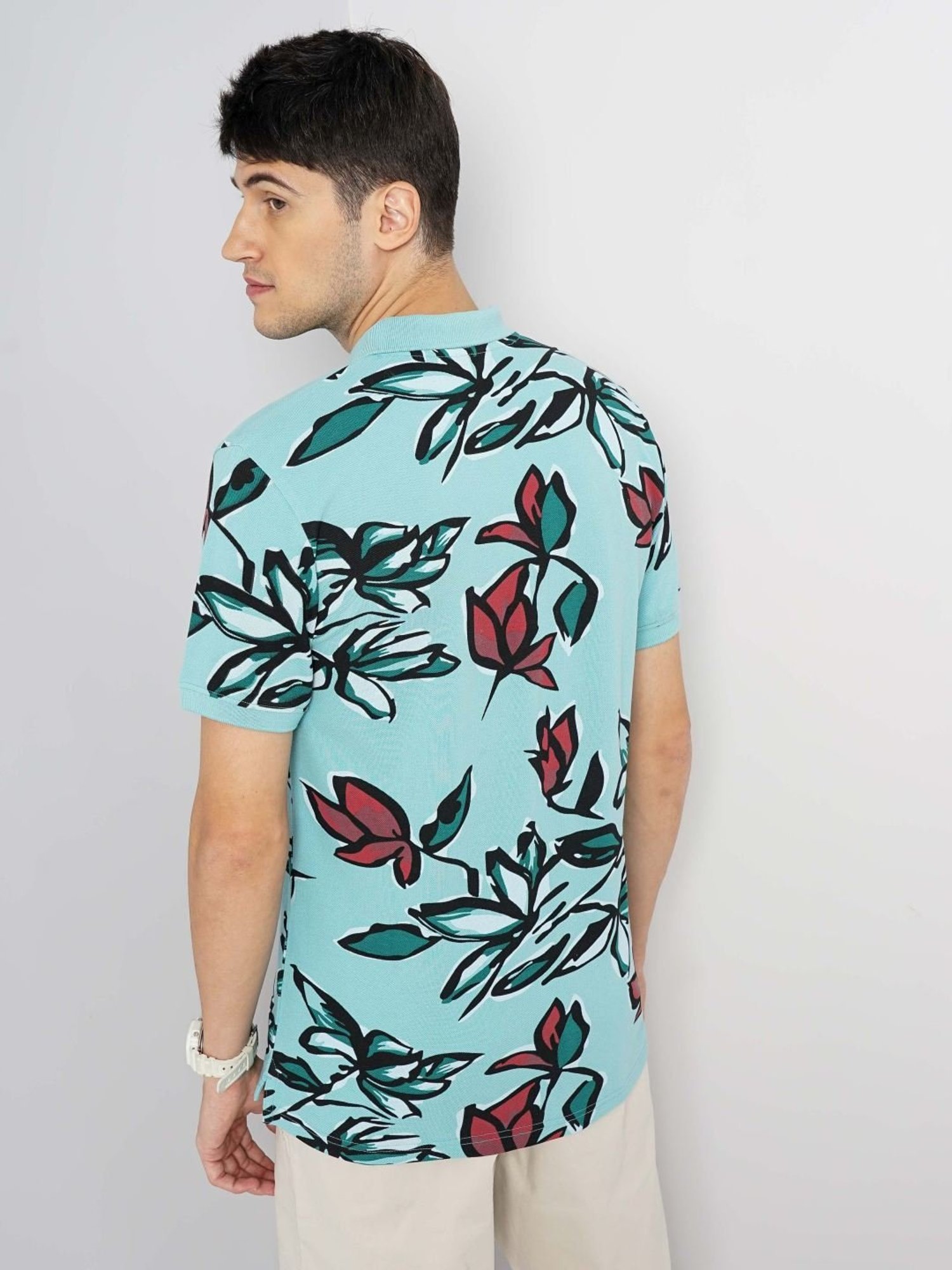 Celio Sea Green Cotton Regular Fit Printed Polo T-Shirt