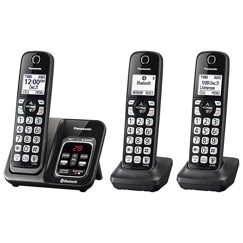Expandable Cordless Phone System with Link2Cell Bluetooth Voice Assistant Answering Machine and Call Blocking 3 Cordless Handsets KXTGD563M Metallic Black