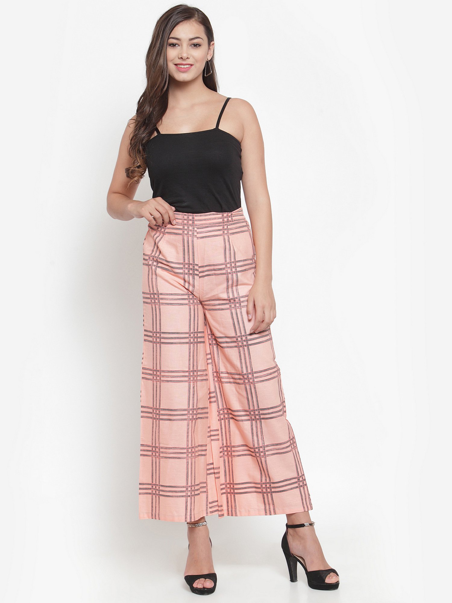 Indibelle Peach Cotton Chequered Palazzos