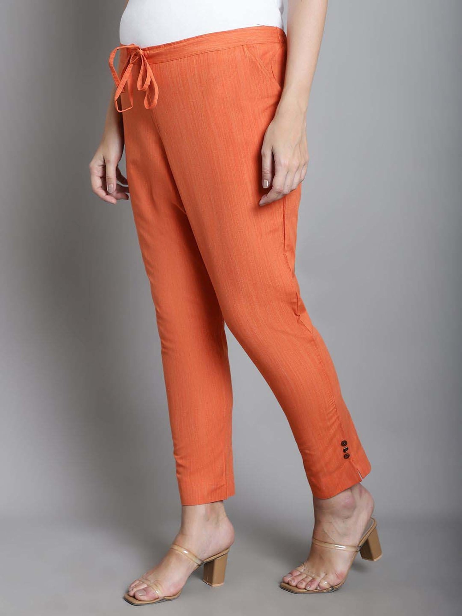 Moms Maternity Orange Cotton Mid Rise Maternity Trousers