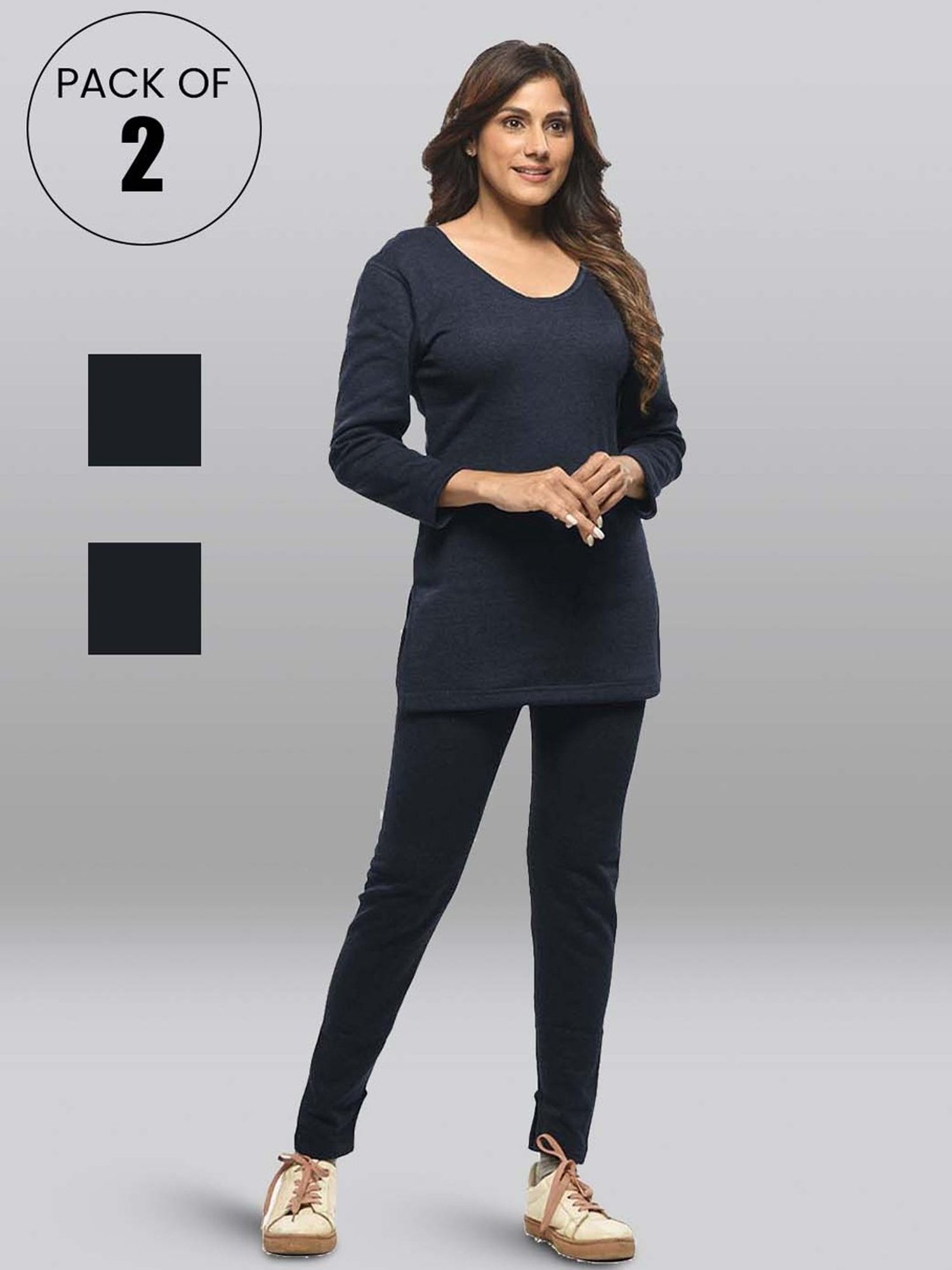 LUX Inferno Navy Plain Long Top Leggings Set - Pack Of 2