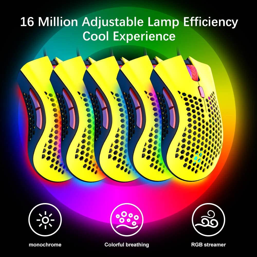 Wired Lightweight Gaming Mouse,Ultralight Honeycomb Shell Ultraweave Cable,7 Buttons Programmable Driver,Pixart 3325 12000 DPI,10 RGB Backlit Computer Mouse for PC Gamers,Xbox,PS4 Users
