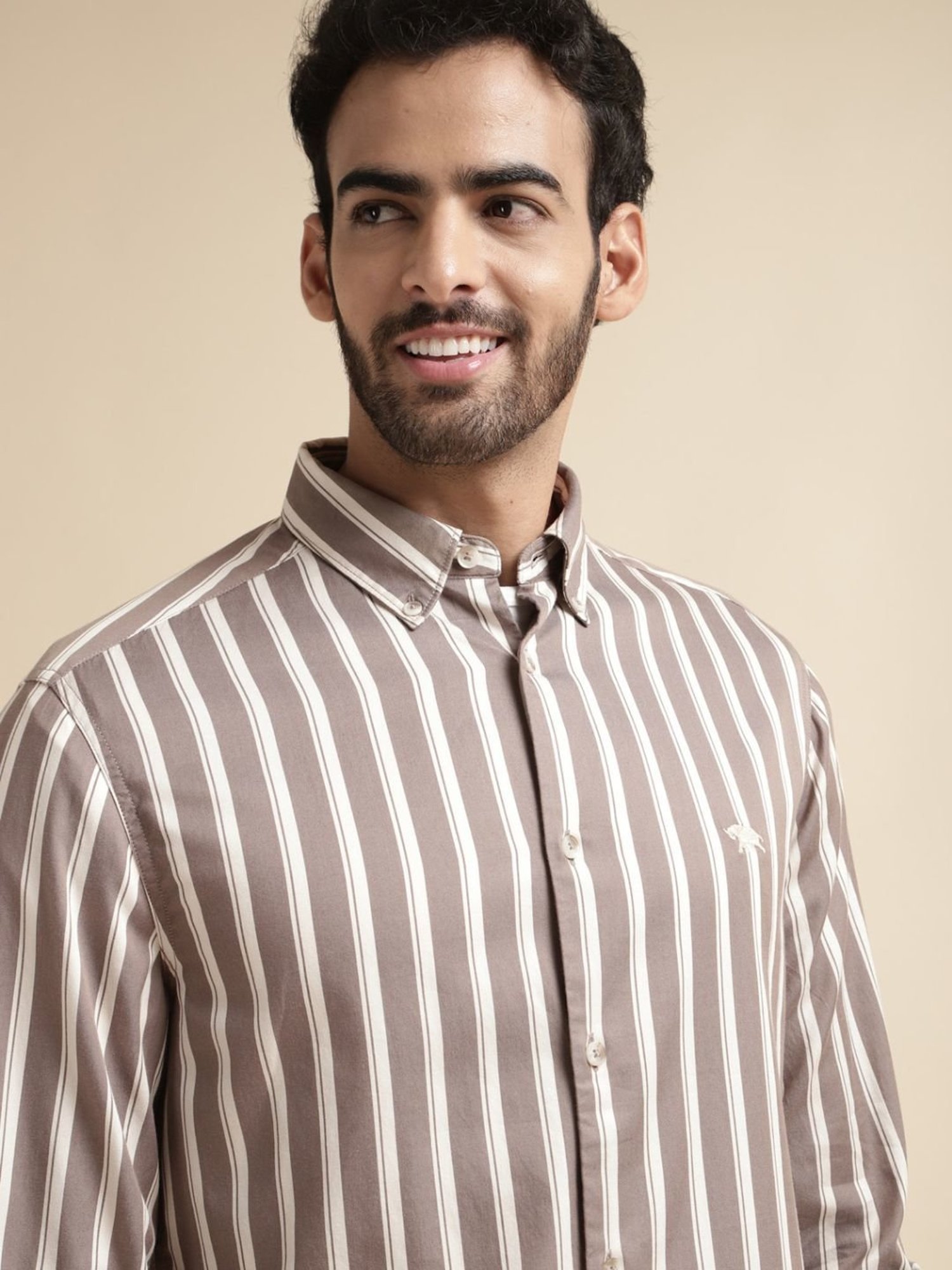 Andamen Brown Slim Fit Striped Shirt