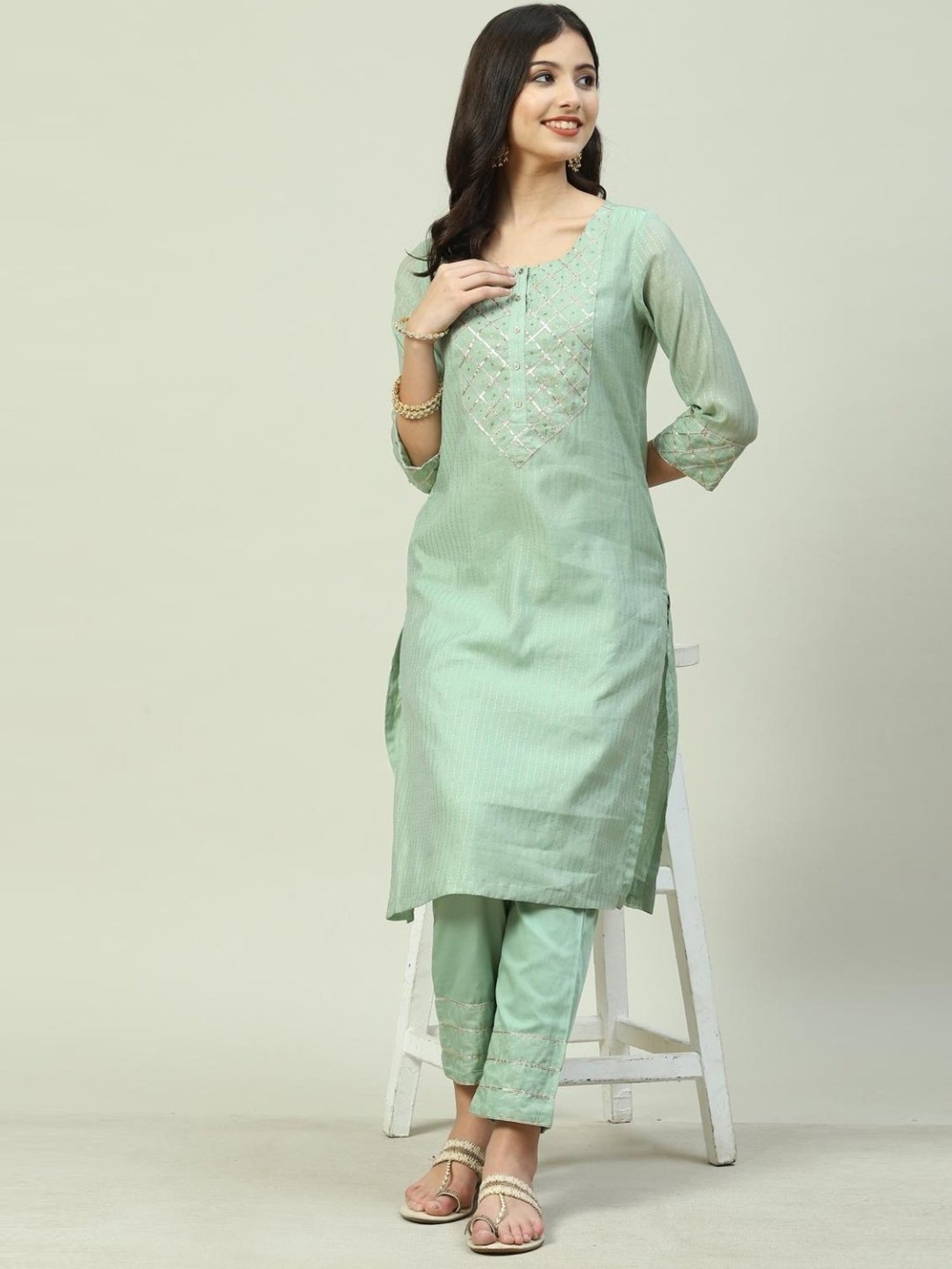 Biba Green Striped Kurta Pant Set