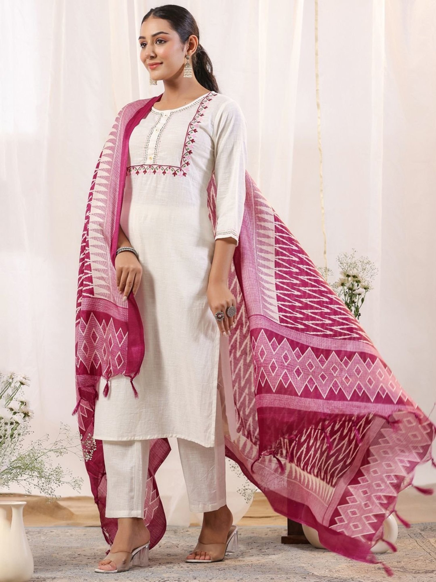 Anubhutee Off-White & Pink Cotton Embroidered Kurta Pant Set With Dupatta