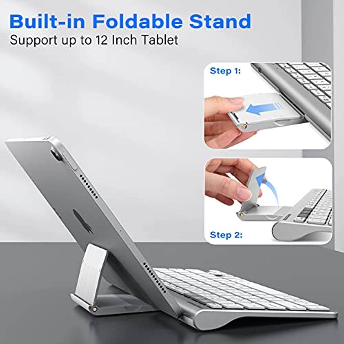 Fintie Gigapower Multi-Device Universal Wireless Bluetooth Keyboard with Foldable Stand for iPad Samsung Surface Tablet Smartphone PC MacBook, iOS, Android, Windows Tablets Phone, Silver