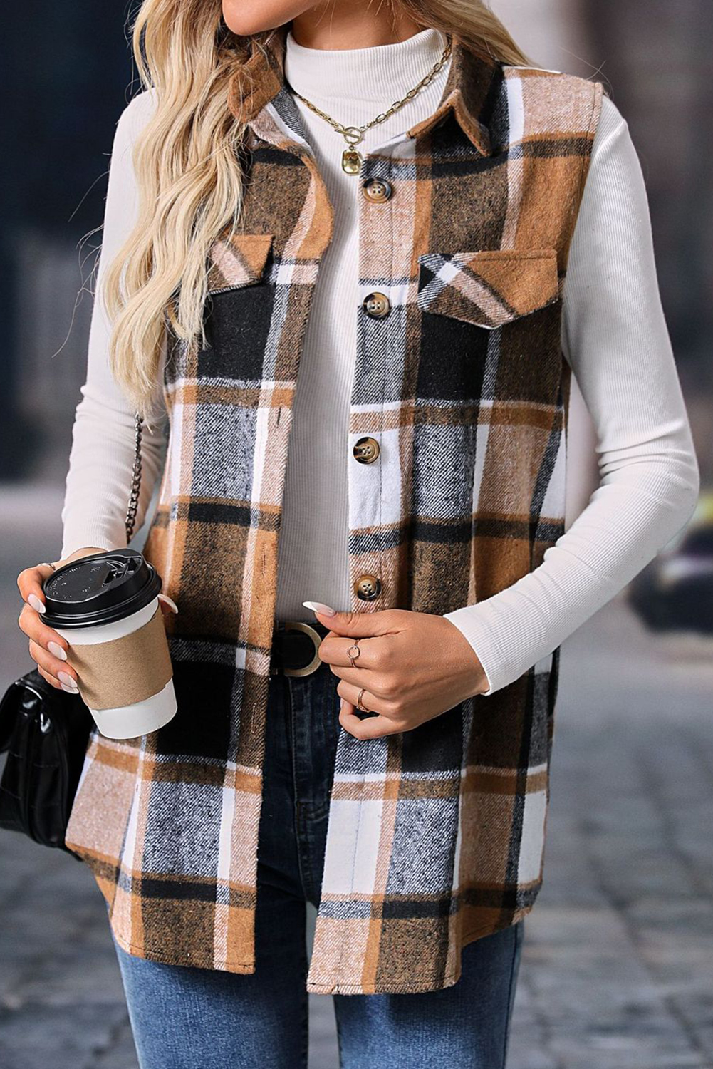 Brown Plaid Button Up Long Sleeve Flannel Shacket