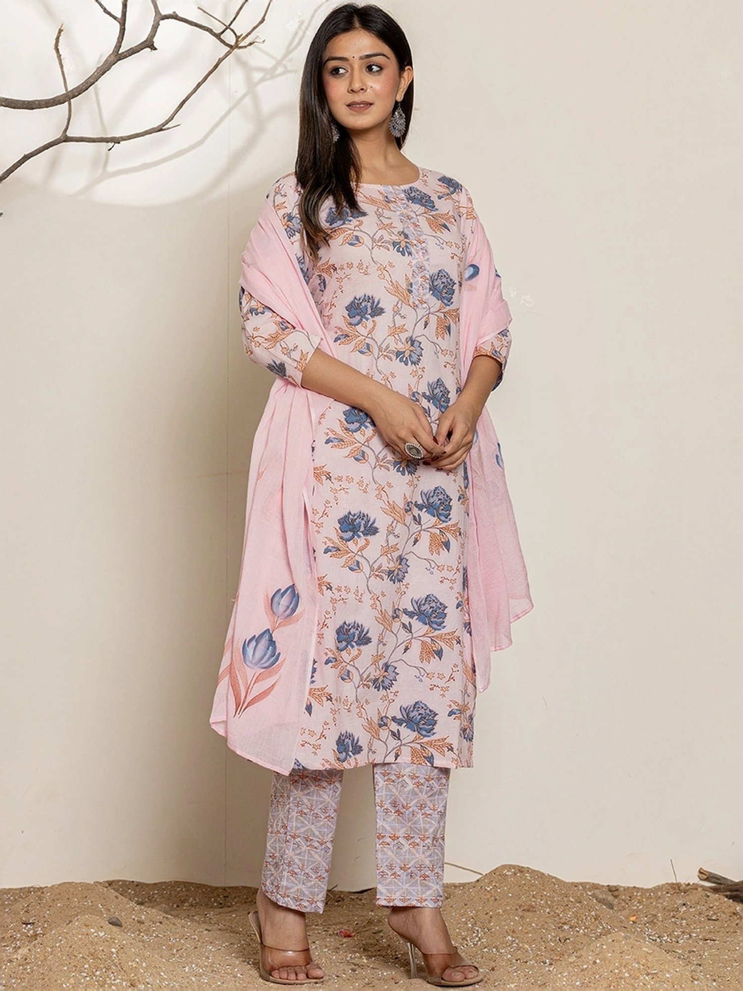 Yufta Pink Cotton Printed Kurta Pant Set With Dupatta