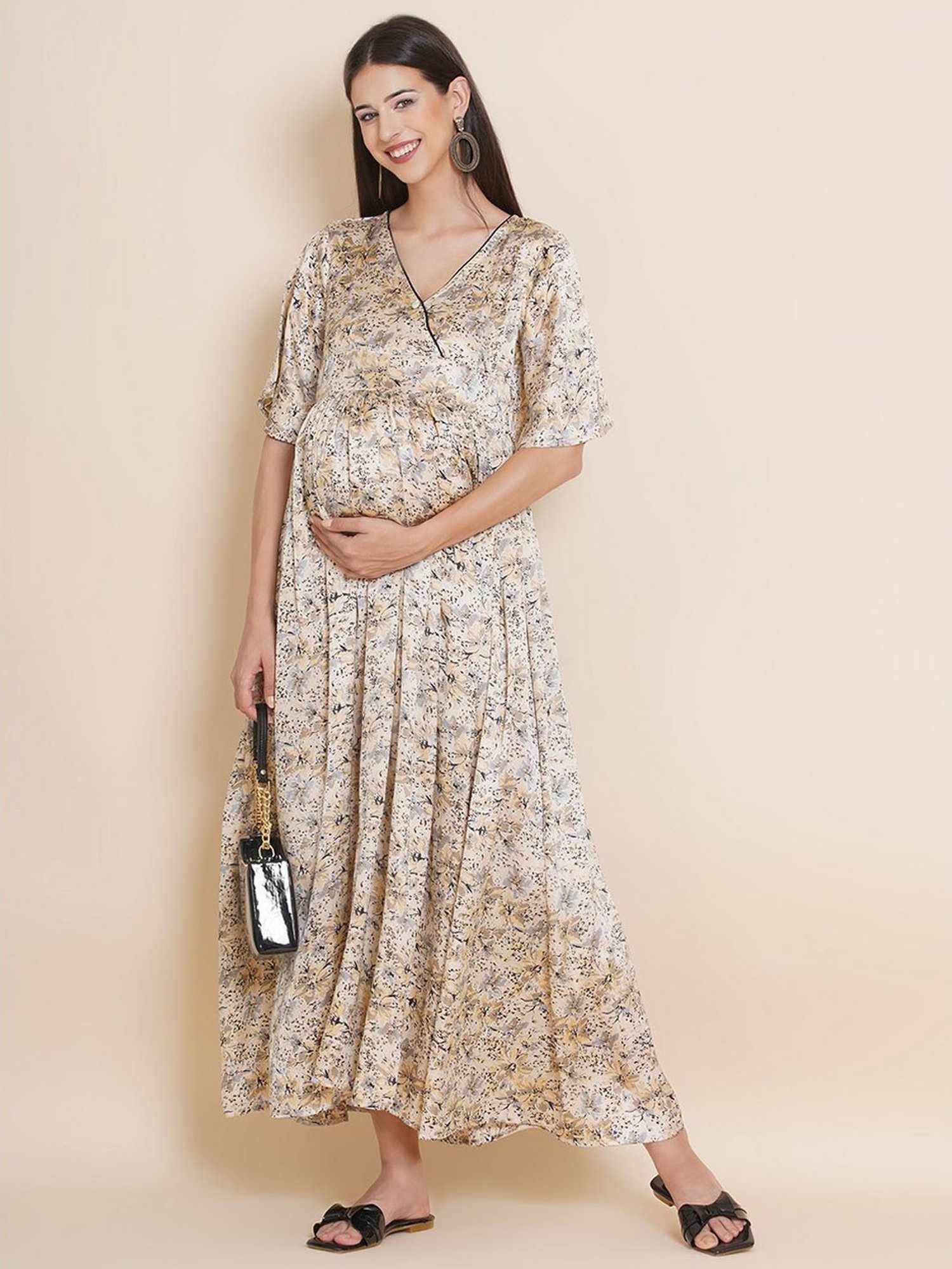Mine4Nine Beige Floral Print Maternity Dress