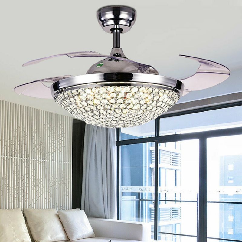 42" Crystal Invisible Fan Chandelier Silver 2-Color Dimming W/Remote Control USA