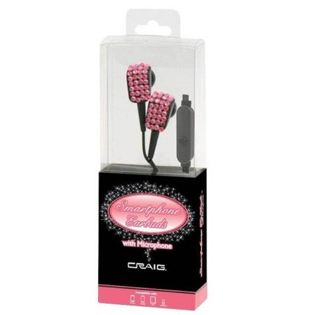 craig electronics chp4831pk bling ear buds with microphone, black with pink rhinestones