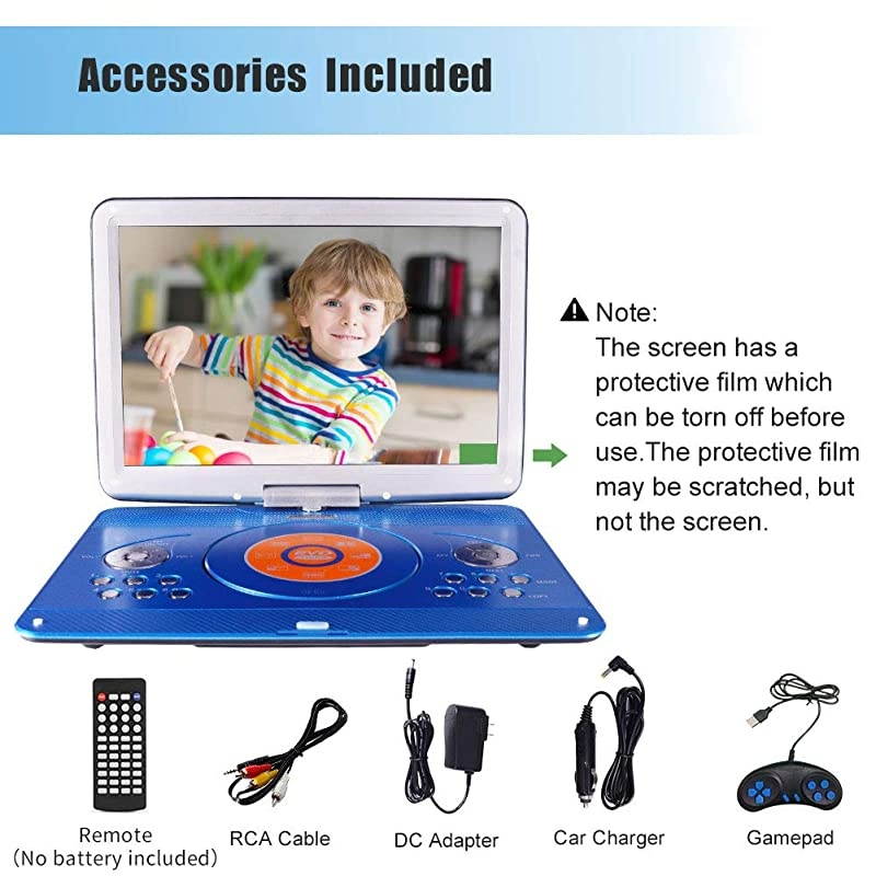 Portable DVD Player with 14.1" Large Swivel Screen, Car DVD Player Portable with 5 Hrs Rechargeable Battery, Mobile DVD Player for Kids, Sync TV, Support USB SD Card with Car Charger (Blue)